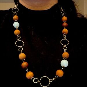 White and Brown Wooden Beaded Necklace with gold chain